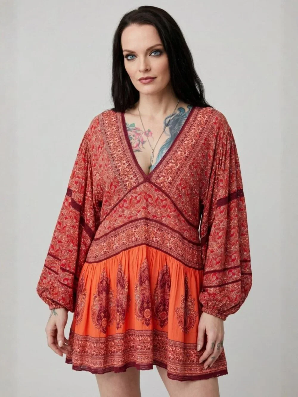 Free People ✦ Paisley Babydoll Tunic Dress ✦ Red Orange Oversized Boho Festival - Picture 4 of 13